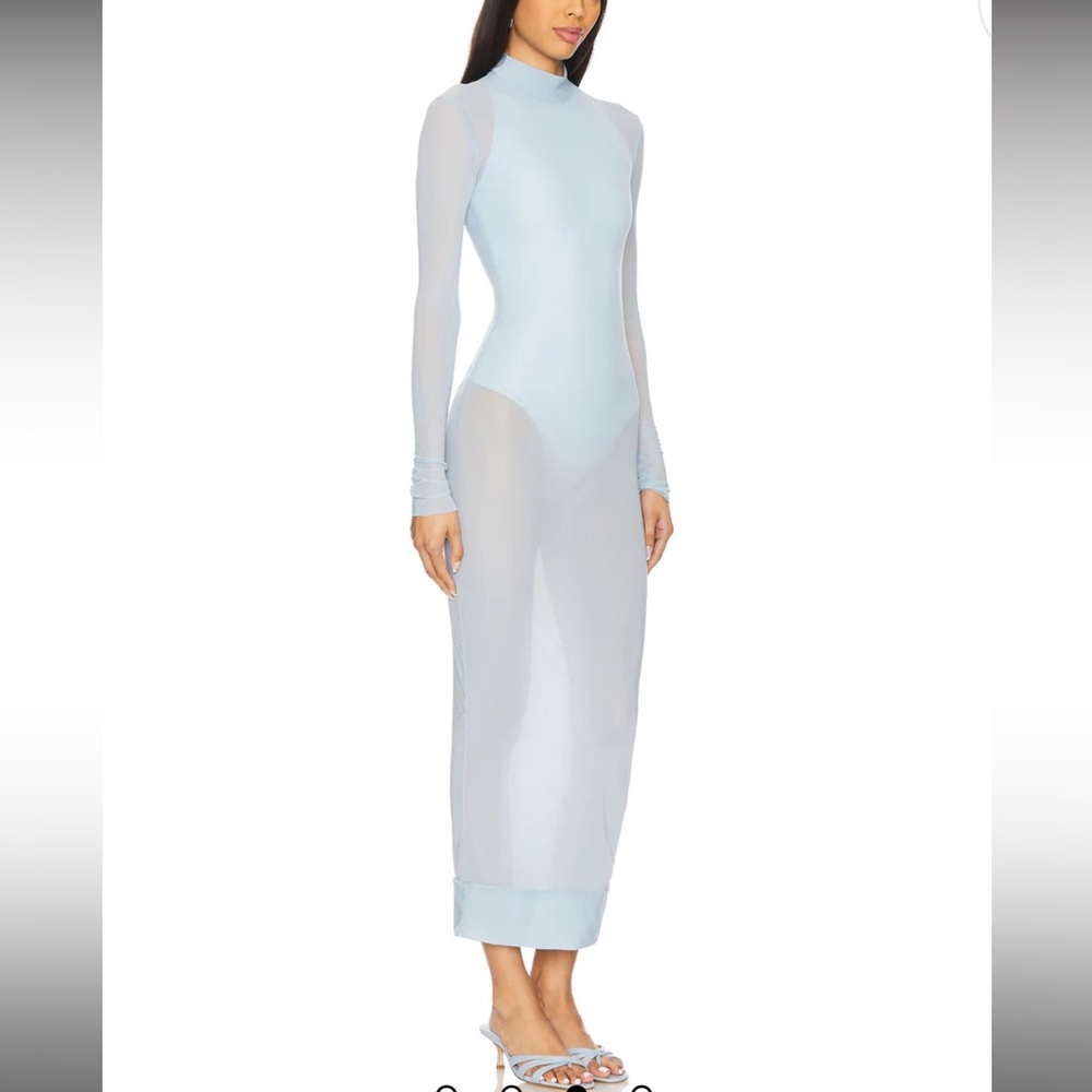 Maygel Coronel bodysuit with sheer jersey dress in sky blue